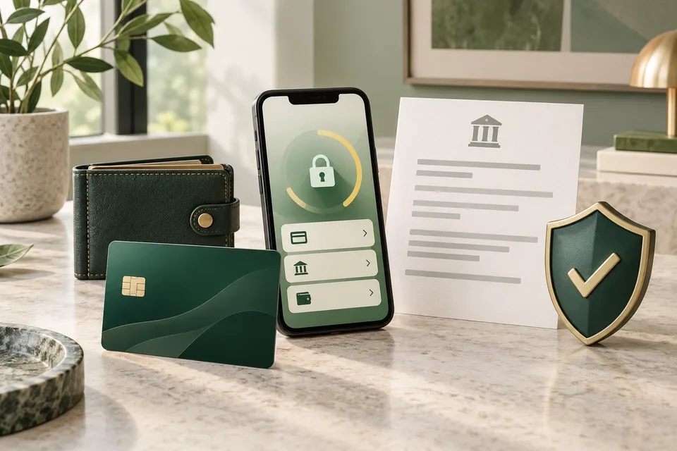 Card, phone wallet and bank document on a marble desk